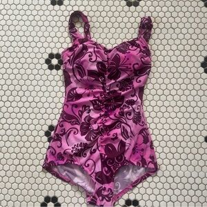 Vintage Maxine Of Hollywood Swimsuit Pink Floral Tropical Size 14 Built In Bra